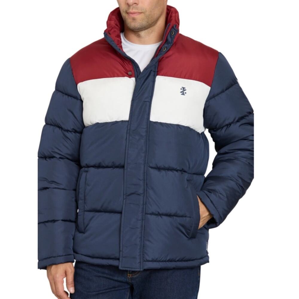 IZOD Mens Large Colorblock Puffer Jacket Navy Blue NEW